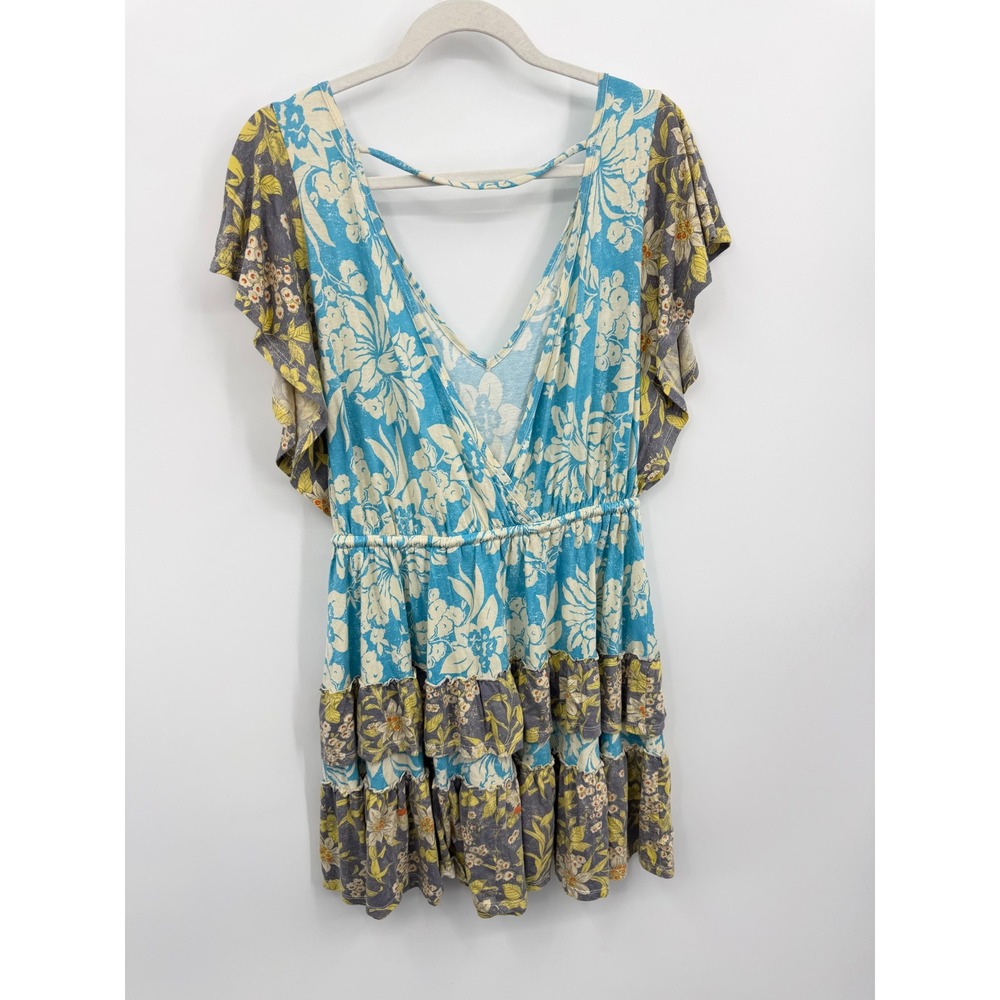 Daily‎ practice Mixed Floral Mini Dress Women XS Blue Grey Ruffle Tiered V-Neck